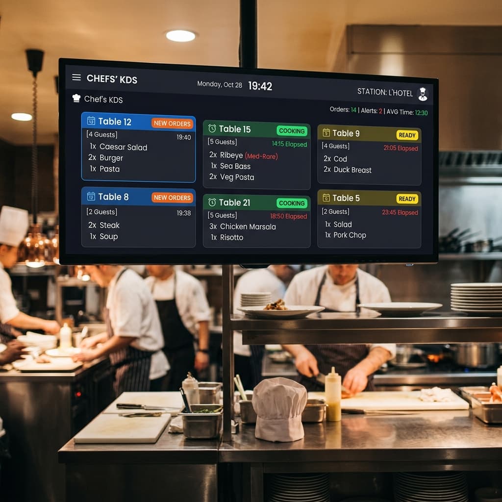 Kitchen display system showing live orders