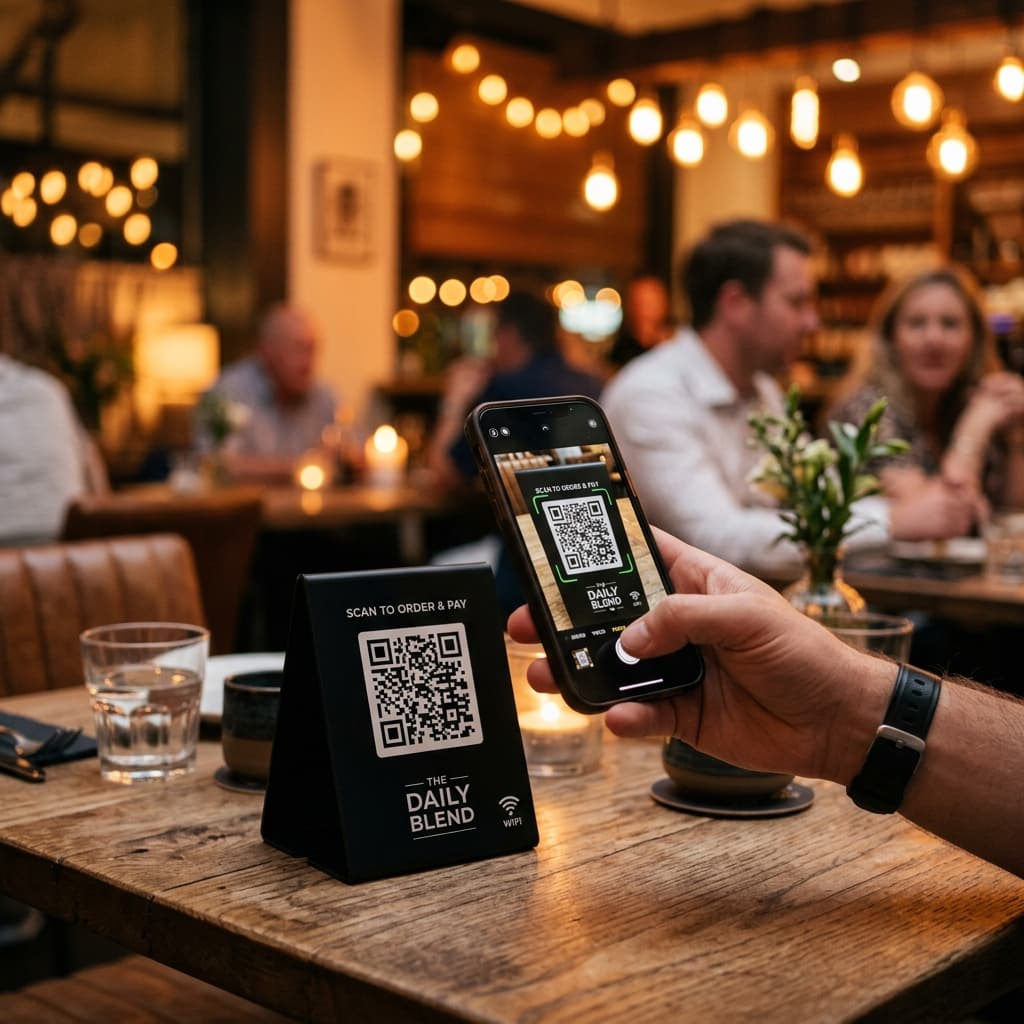 Customer scanning QR code at restaurant table